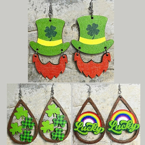 St Patricks Day Wood Drop Earrings Green Shamrock Rainbow Lucky Pattern Leprechaun Hat Beard Dangle Earrings Women Festival Jewelry
