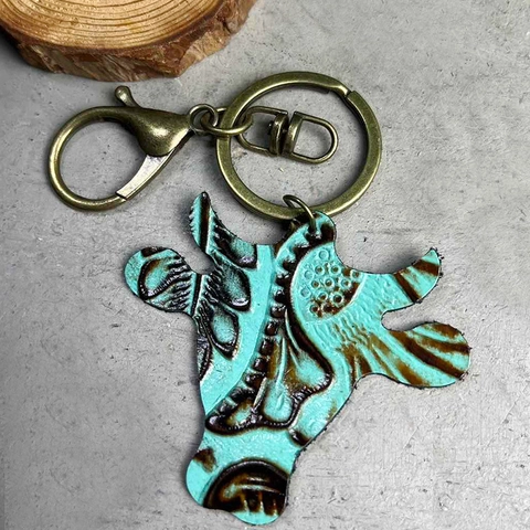 Llavero de Cuero Auténtico con Cabeza de Buey Estilo Western Vintage con Flores en Relieve Colgante de Bolso de Aleación para Hombre y Mujer