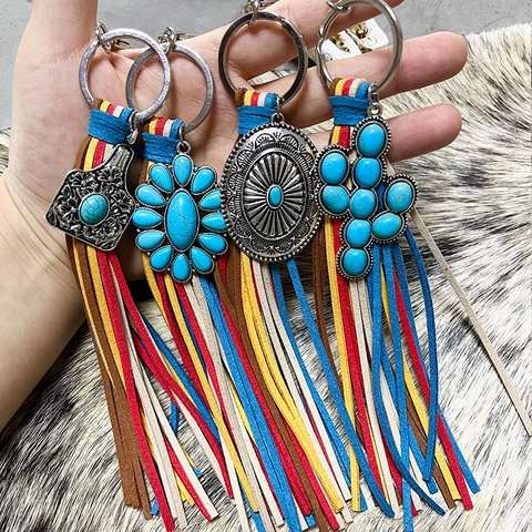 Western Bohemian Bunter Quasten Schlüsselanhänger Mit Synthetischem Türkis Legierung Vintage Ethnic Kunstleder Quaste Anhänger