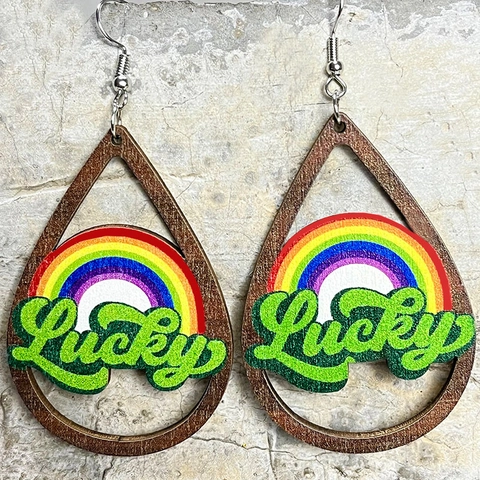 St Patricks Day Wood Drop Earrings Green Shamrock Rainbow Lucky Pattern Leprechaun Hat Beard Dangle Earrings Women Festival Jewelry
