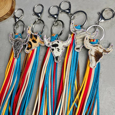 Westerse Western Stijl Sleutelhanger Lange Kwast Stierenkop Hangend Ornament Leder Microvezel Legierung Strass Tas Bedeltje Decoratie Cadeau
