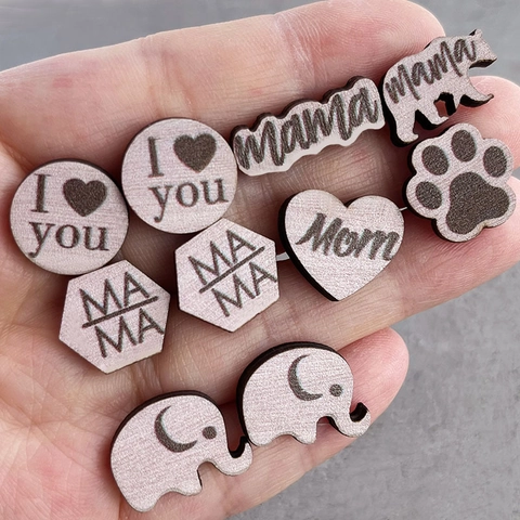 Mother's Day Wood Stud Earrings For Women Cute Bear Heart Elephant Mama Letter Print Minimalist Wooden Earring Jewelry Gift