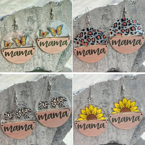 Acrylic Wood Splicing Drop Earrings Sunflower Butterfly Leopard Bear Printed Mama Earrings For Mother's Day Women Gift