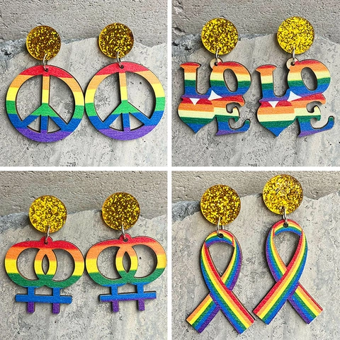 Rainbow Wooden Acrylic Drop Earrings Pride Peace Sign LOVE Snake Ribbon Pattern Fashion Dangle Earrings For Women Jewelry