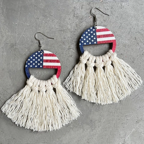 Unabhängigkeitstag Amerikanische Flagge Quasten Ohrringe Uncle Sam Hut Patriotische Baumwolle Fransen Ohrhänger Damen Schmuck