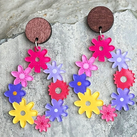 Bohemian Colorful Acrylic Flower Drop Earrings For Women Vintage Floral Teardrop Dangle Earrings Vacation Jewelry