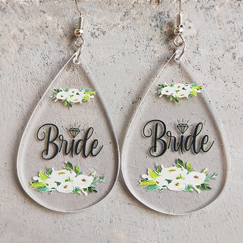 Acryl Waterdruppel Bruiloft Oorbellen Voor Dames Transparant Bride Letter Bloemenpatroon Hangende Oorbellen Bruidsmeisje Sieraden Cadeau