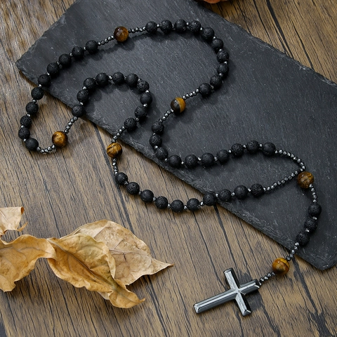 Vintage Religious Cross Pendant Necklace Natural Tiger Eye Lava Stone Beaded Long Chain For Men Women Punk Jewelry Gift