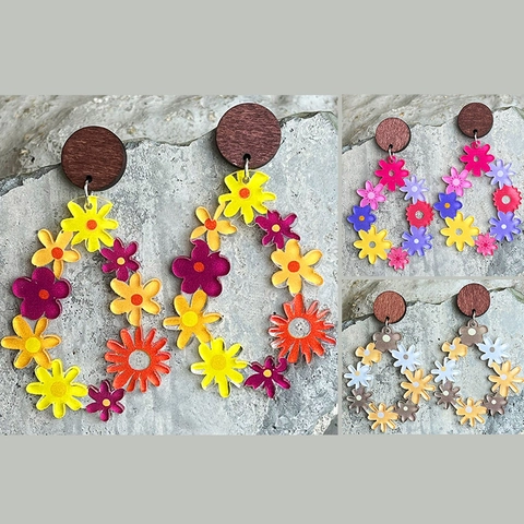 Bohemian Colorful Acrylic Flower Drop Earrings For Women Vintage Floral Teardrop Dangle Earrings Vacation Jewelry