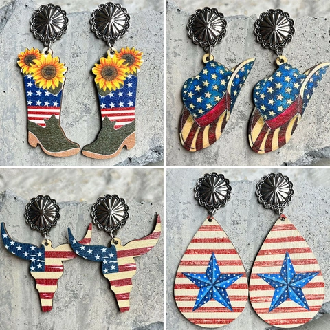 Western Cowboy Wood Dangle Earrings For Women American Flag Sunflower Independence Day 4th Of July Patriotic Earrings