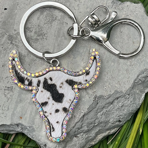 Western Echtleder Ochsenkopf Schlüsselanhänger Mode Strass Leopard Kuh Muster Tasche Anhänger Für Damen Herren Reise Alltag