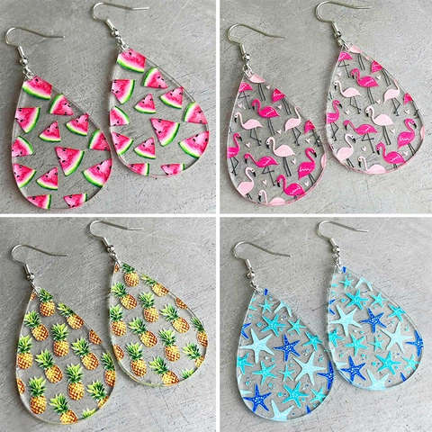 Summer Tropical Acrylic Teardrop Earrings For Women Beach Vacation Flamingo Pineapple Starfish Pattern Dangle Earrings Jewelry
