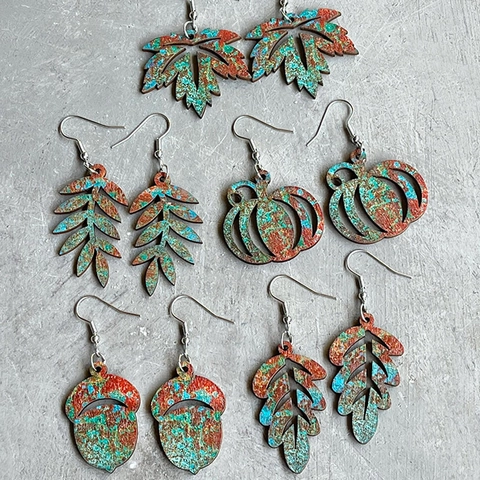 Vintage Wood Leaf Pumpkin Drop Earrings For Women Halloween Autumn Mottled Texture Hollow Out Colorful Wood Dangle Earrings