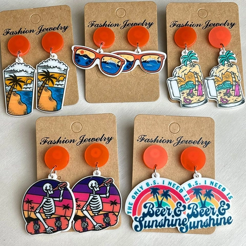 Boucles d'Oreilles Pendantes en Acrylique Plage d'Été Avec Tige en Acier Bière Soleil Couchant Palmier Style Vacances Bijoux