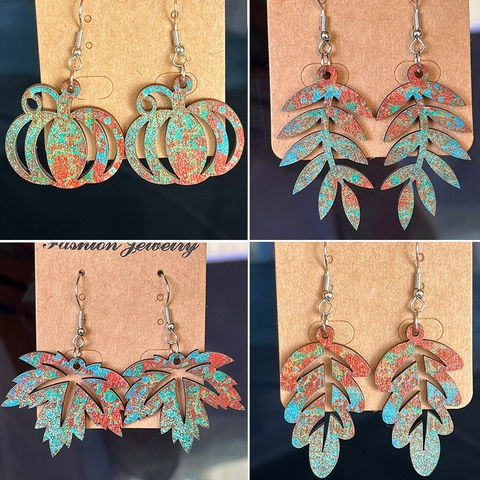Vintage Wood Leaf Pumpkin Drop Earrings For Women Halloween Autumn Mottled Texture Hollow Out Colorful Wood Dangle Earrings