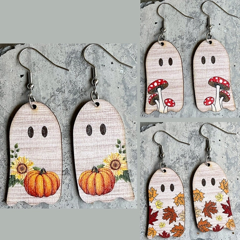 Orecchini Pendenti in Legno Fantasma di Halloween Zucca Girasole Foglia d'Acero Fungo Gioielli in Legno Con Perno in Ferro Donna