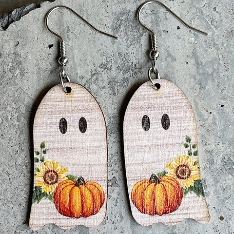 Orecchini Pendenti in Legno Fantasma di Halloween Zucca Girasole Foglia d'Acero Fungo Gioielli in Legno Con Perno in Ferro Donna