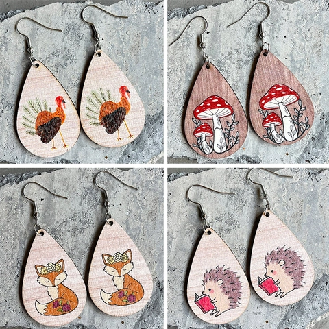 Pendientes de Gota de Madera de Acción de Gracias Bohemios con Patrón Pintado de Pavo Zorro Ardilla Champiñón Joyería de Otoño Mujer