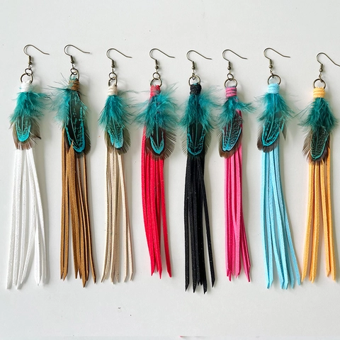 Bohemian Long Tassel Feather Earrings For Women Vintage Ethnic Western Tribal Style Leather Fringe Drop Earrings Vacation Jewelry Gift