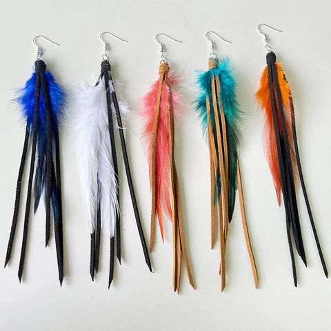 Bohemian Ethnic Long Feather Tassel Drop Earrings For Women Western Style Suede Cord Dangle Earrings Jewelry Accessory