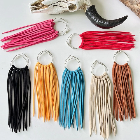 Bohemian Suede Leather Fringe Tassel Hoop Earrings Large Round Circle Ethnic Western Cowboy Style Retro Jewelry For Women
