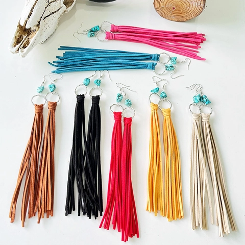 Bohemian Western Cowboy Ethnic Tassel Drop Earrings For Women Suede Fringe Turquoise Alloy Hoop Dangle Earrings Vintage Jewelry