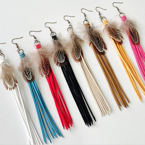 Bohemian Feather Tassel Drop Earrings For Women Vintage Ethnic Style Long Suede Fringe Earrings Native American Jewelry