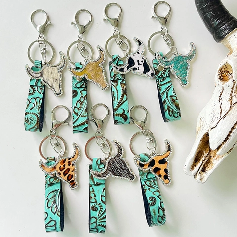 Vintage Cowhide Leather Bull Head Keychain Bohemian Ethnic Embossed Turquoise Key Ring Rhinestone Cow Print Bag Charm