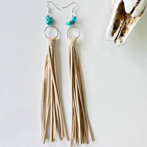 Bohemian Western Cowboy Ethnic Tassel Drop Earrings For Women Suede Fringe Turquoise Alloy Hoop Dangle Earrings Vintage Jewelry