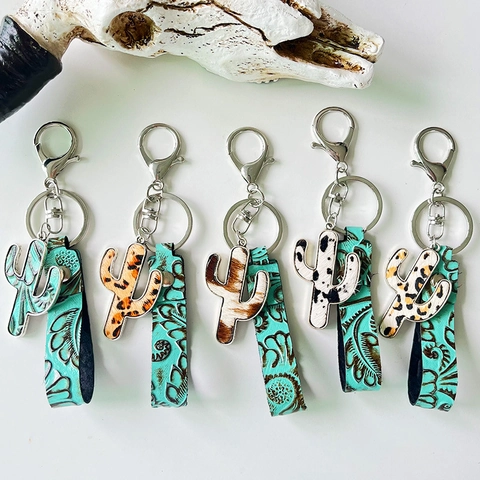 Western Boho Echtleder Kaktus Schlüsselanhänger Set Ethno Geprägt Türkis Floral Lederband Metall Schlüsselring Für Damen Tasche