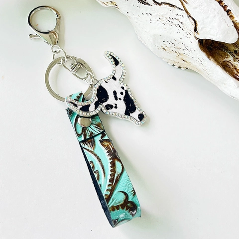 Vintage Cowhide Leather Bull Head Keychain Bohemian Ethnic Embossed Turquoise Key Ring Rhinestone Cow Print Bag Charm