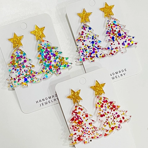 Christmas Tree Acrylic Drop Earrings Colorful Sequins Laser Star Dangle Earrings Festive Holiday Jewelry For Women Party Gift