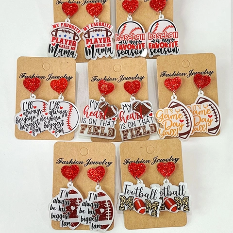 Acrylic Glitter Heart Sports Drop Earrings Football Baseball Mom Game Day Pattern Earrings For Women Sport Fans Gift