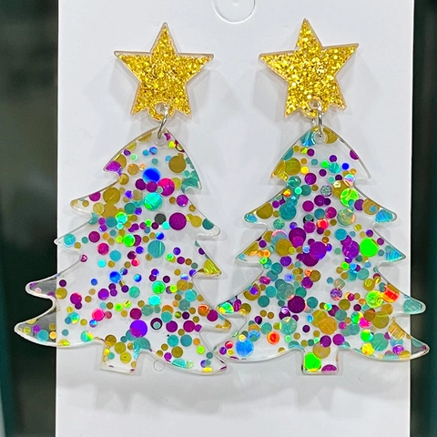 Christmas Tree Acrylic Drop Earrings Colorful Sequins Laser Star Dangle Earrings Festive Holiday Jewelry For Women Party Gift