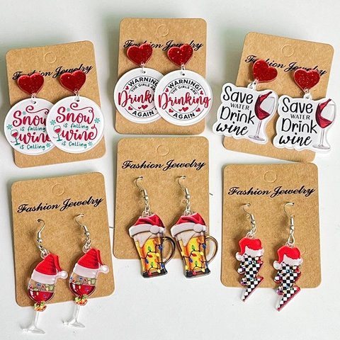 Christmas Acrylic Drop Earrings For Women Fun Wine Beer Glass Santa Hat Pattern Printed Festive Holiday Party Dangle Earrings