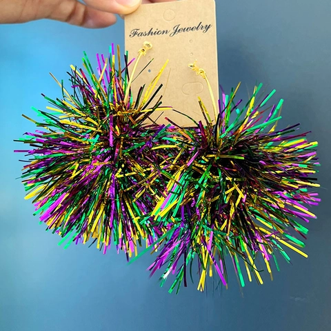 Mardi Gras Party Exaggerated Pom Pom Ball Earrings Metallic PET Tassel Fireworks Drop Hoop Earrings Carnival Party Jewelry For Women