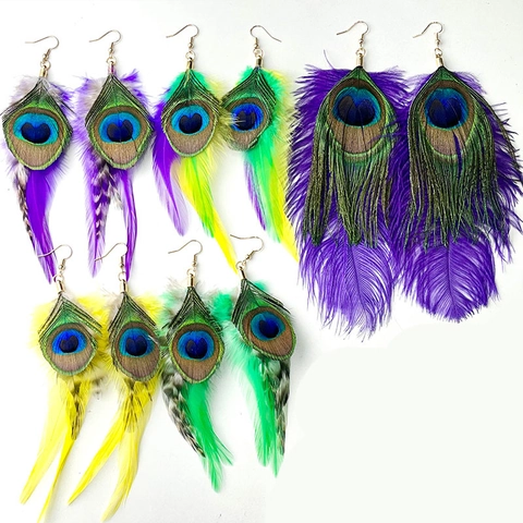 Bohemian Peacock Feather Drop Earrings For Women Ethnic Long Handmade Tassel Earrings Carnival Festival Party Jewelry Gift