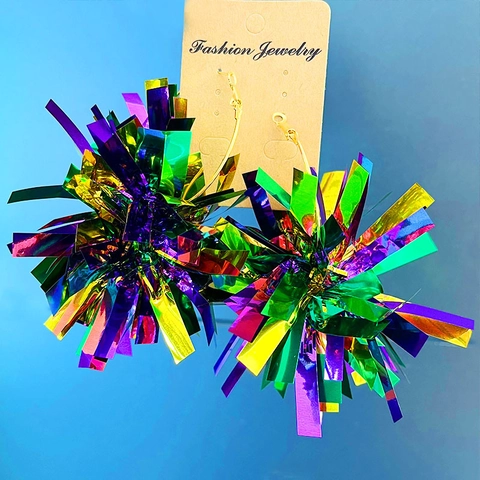 Mardi Gras Party Exaggerated Pom Pom Ball Earrings Metallic PET Tassel Fireworks Drop Hoop Earrings Carnival Party Jewelry For Women