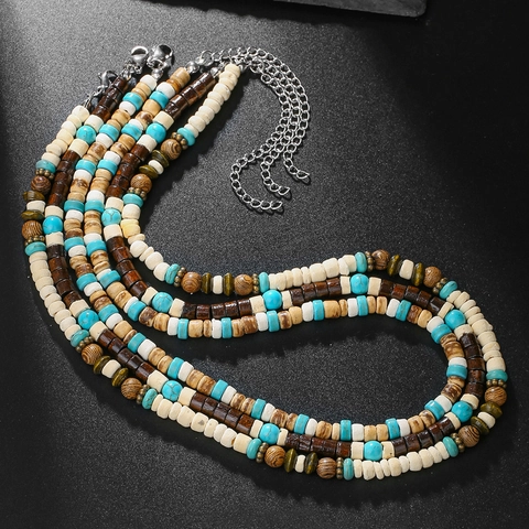 Collana da Uomo in Legno e Guscio di Cocco Fatta a Mano Etnica Bohemien con Perline in Resina Turchese Girocollo Accessori Gioielli