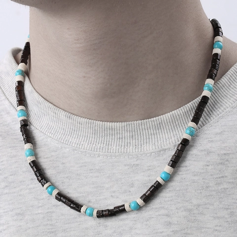 Collana da Uomo in Legno e Guscio di Cocco Fatta a Mano Etnica Bohemien con Perline in Resina Turchese Girocollo Accessori Gioielli