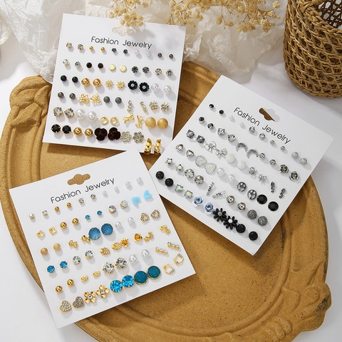 Fashion Alloy Faux Artificial Pearl Rhinestone Geometric Heart Star Bow Flower Earrings For Women Decorative Jewelry Collection