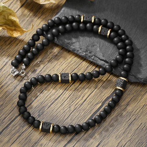 Men's Lava Stone Beaded Necklace Matte Black Agate Beads Gold Metal Spacers Hip Hop Fashion Jewelry Men Gift