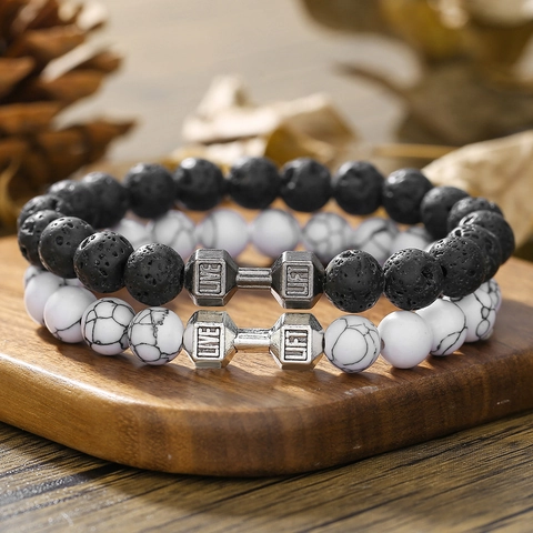 Natural Stone Lava Stone Beaded Bracelet Dumbbell Charm Live Lift Engraved Fitness Sporty Unisex Jewelry