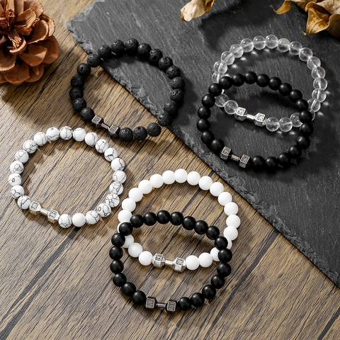 Natural Stone Lava Stone Beaded Bracelet Dumbbell Charm Live Lift Engraved Fitness Sporty Unisex Jewelry