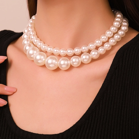 Elegante Doppellagige Künstliche Perlenkette Für Damen Vintage Edelstahl Choker Party Hochzeit Mode Schmuck