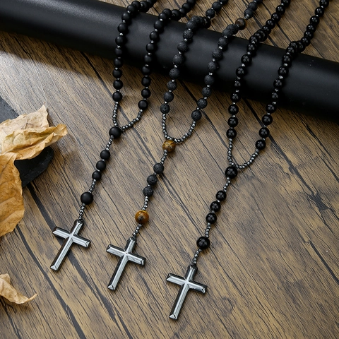 Vintage Religious Cross Pendant Necklace Natural Tiger Eye Lava Stone Beaded Long Chain For Men Women Punk Jewelry Gift