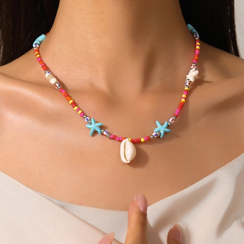 Bohemian Handmade Multilayer Glass Seed Bead Necklace For Women Ocean Sea Turtle Starfish Conch Shell Pendant Jewelry