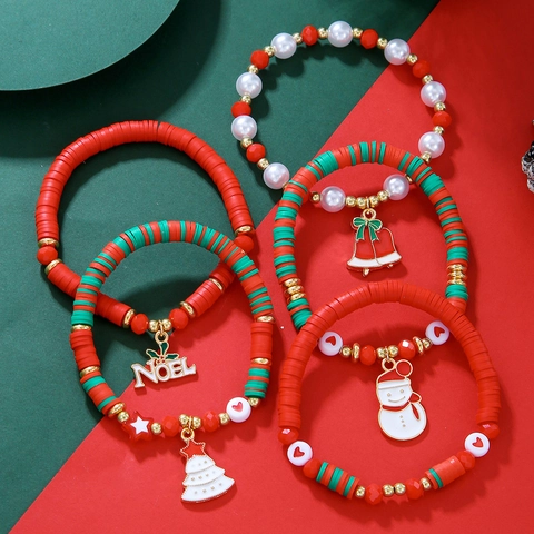Christmas Bracelet Set For Women Santa Claus Snowman Christmas Tree Enamel Pendants Colorful Bead Alloy Rhinestone Holiday Jewelry Gift