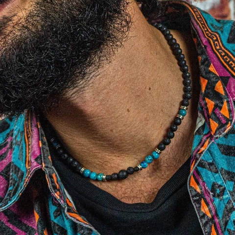 Handmade Volcanic Stone Turquoise Beaded Necklace Stainless Steel Clasp Bohemian Ethnic Style Hip Hop Unisex Jewelry Gift