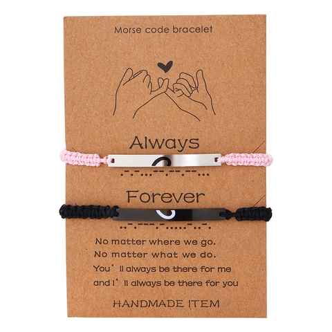 Handmade Morse Code Bracelet Stainless Steel Heart Bar Pendant Braided Wax Cord Adjustable Jewelry For Lovers Friends